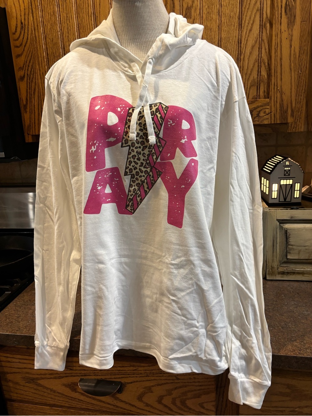 American Apparel White Long-Sleeve Hoodie with Pink 'PRAY' Graphic